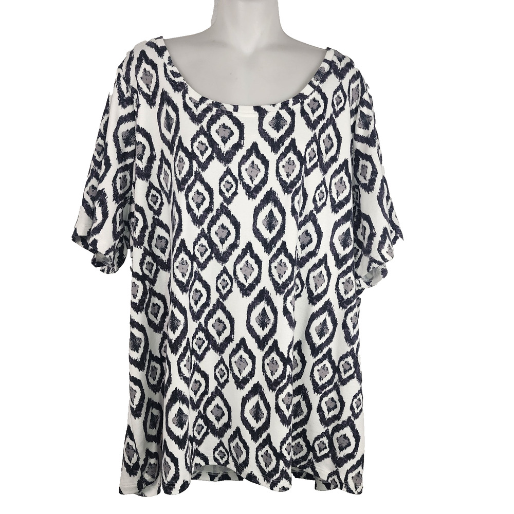 Denim & Co. Printed Interlock Short Sleeve Scoop Neck Top Black 2X Geometric